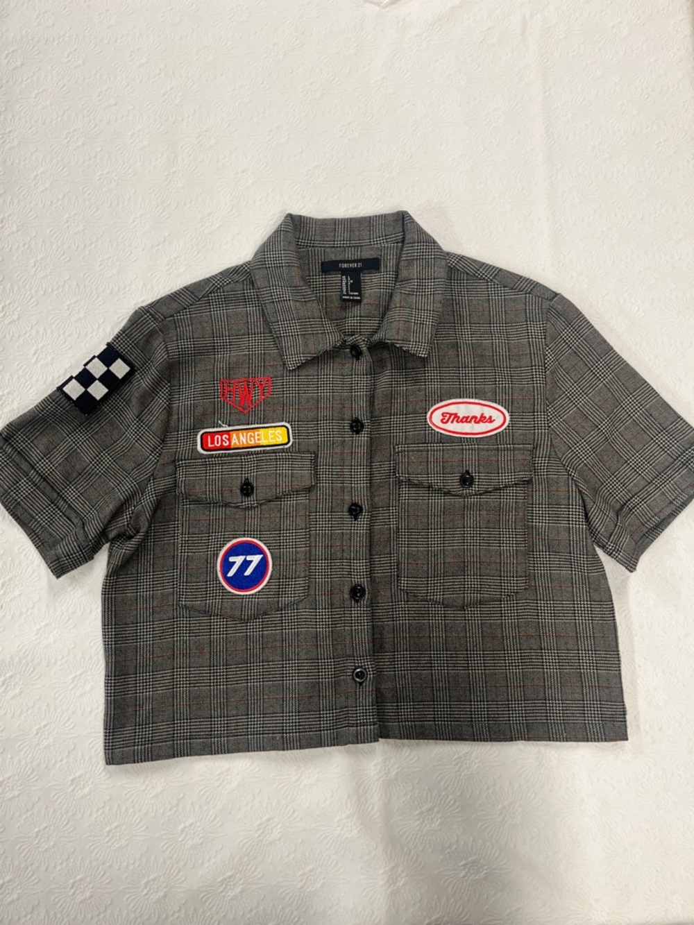 Forever 21 Grey Plaid Button-Up Shirt with Orange Windowpane
